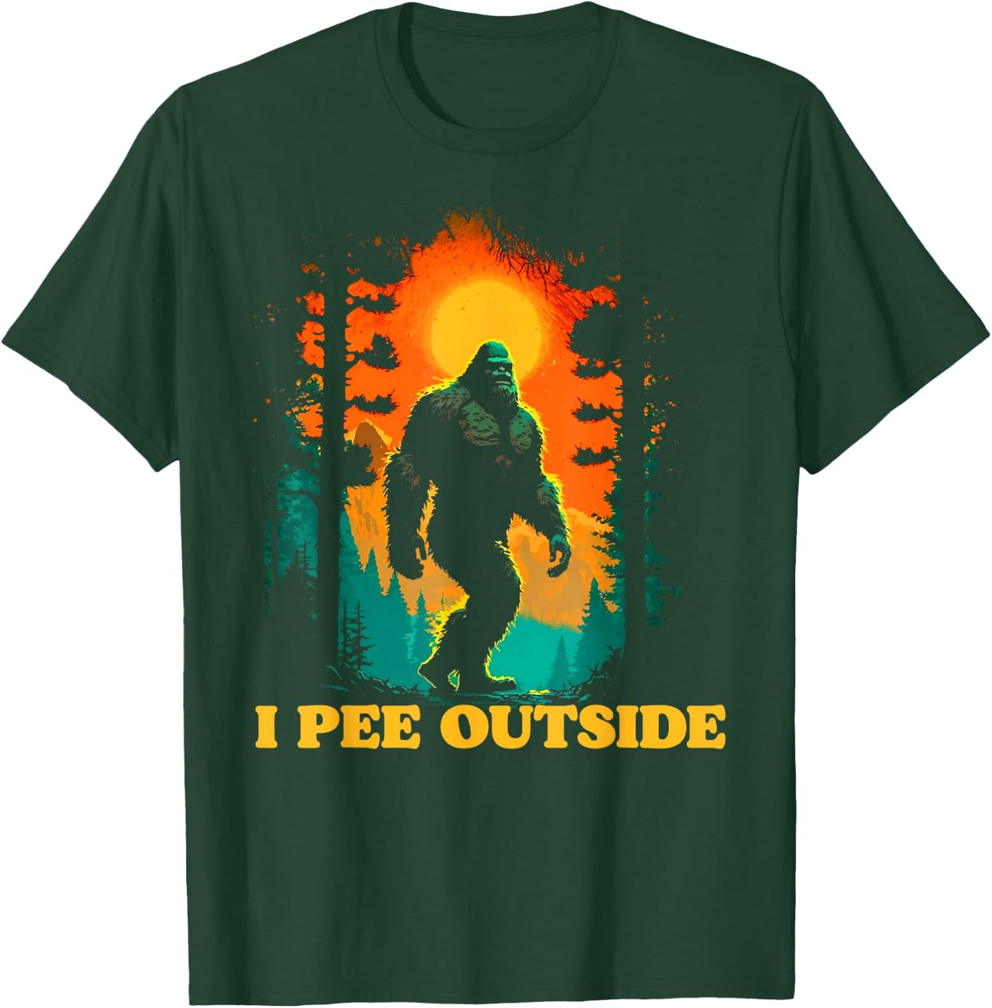 I Pee Outside Funny Bigfoot Hiking Sasquatch Retro Sunset T-Shirt - T-Shirt | Forest