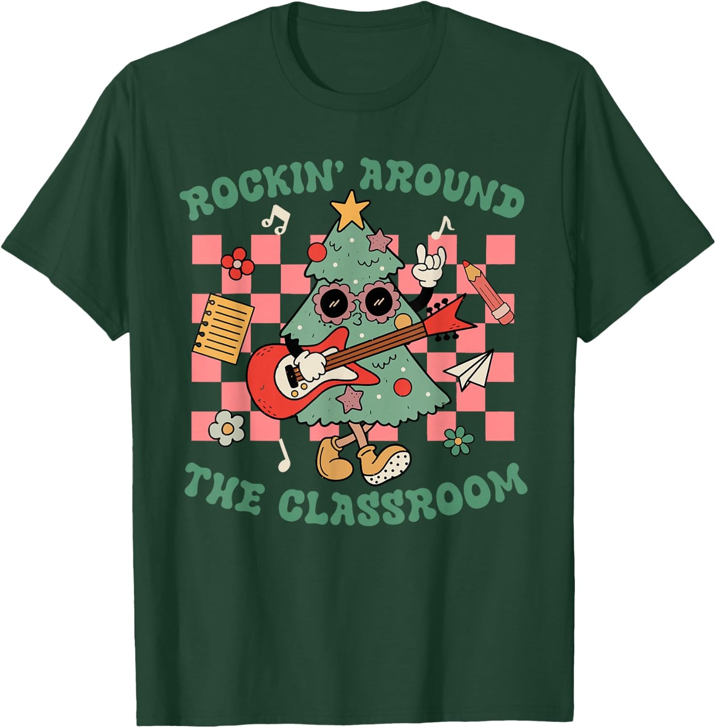 Retro Groovy Teacher Christmas Rockin' Around The Classroom T-Shirt - T-Shirt | Forest