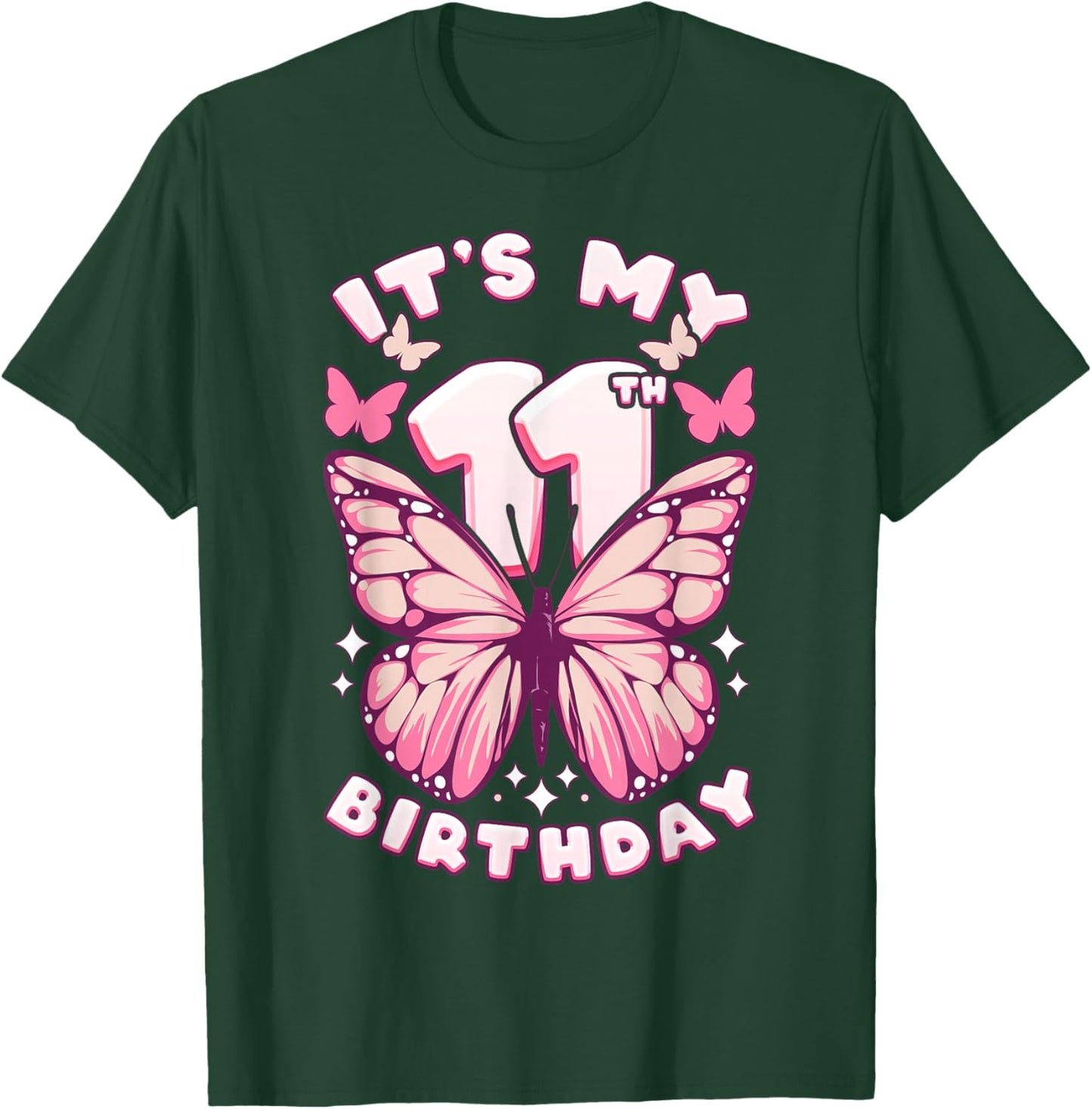 11th Birthday Girl 11 Years Old Butterflies and Number T-Shirt - T-Shirt | Forest