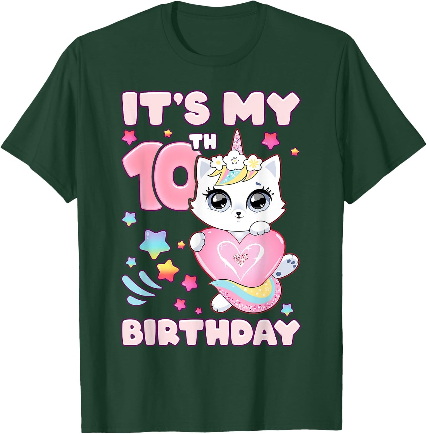 Birthday girl 10 years old, cat, unicorn, 10th birthday T-Shirt - T-Shirt | Forest