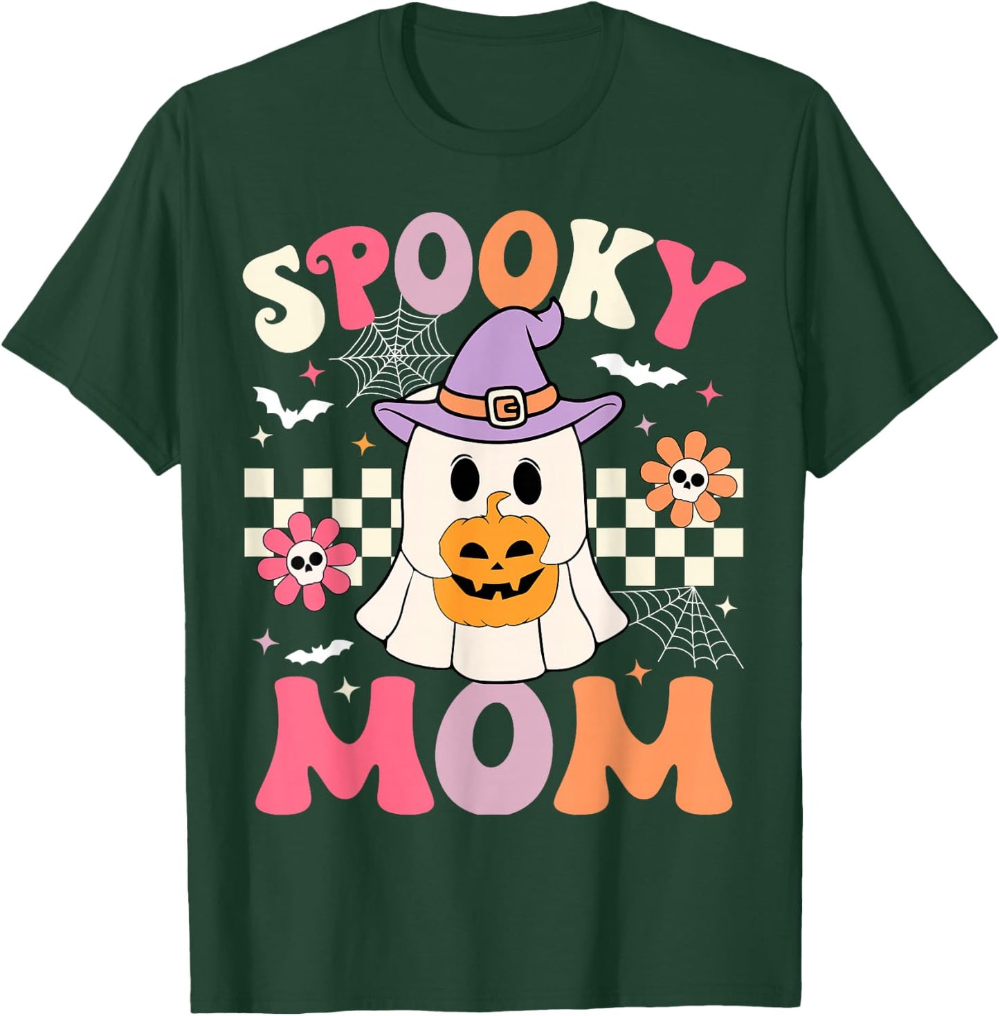Groovy Spooky Mom Retro Ghost Holding Pumpkin Halloween T-Shirt - T-Shirt | Forest