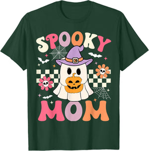 Groovy Spooky Mom Retro Ghost Holding Pumpkin Halloween T-Shirt - T-Shirt | Forest