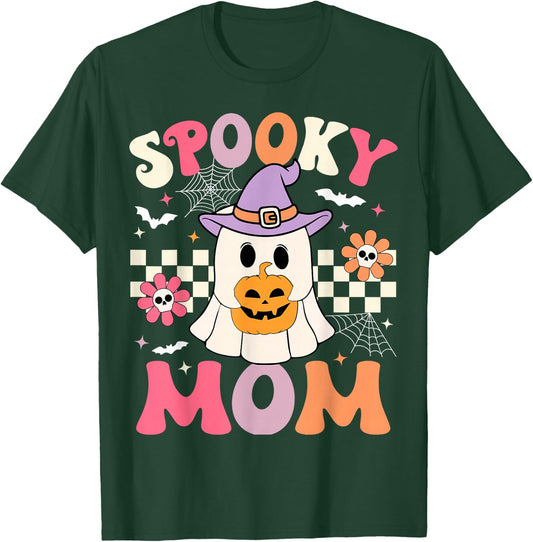 Groovy Spooky Mom Retro Ghost Holding Pumpkin Halloween T-Shirt - T-Shirt | Forest
