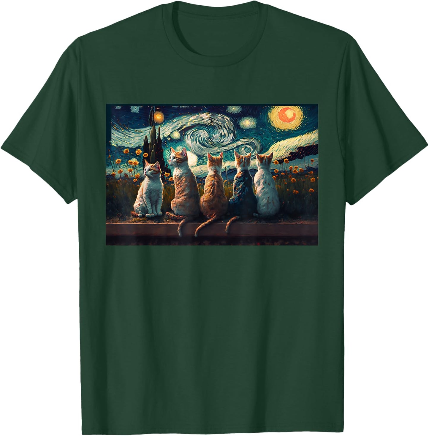 cats painting art sitting Starry Night kitty kitten Van Gogh T-Shirt - T-Shirt | Forest
