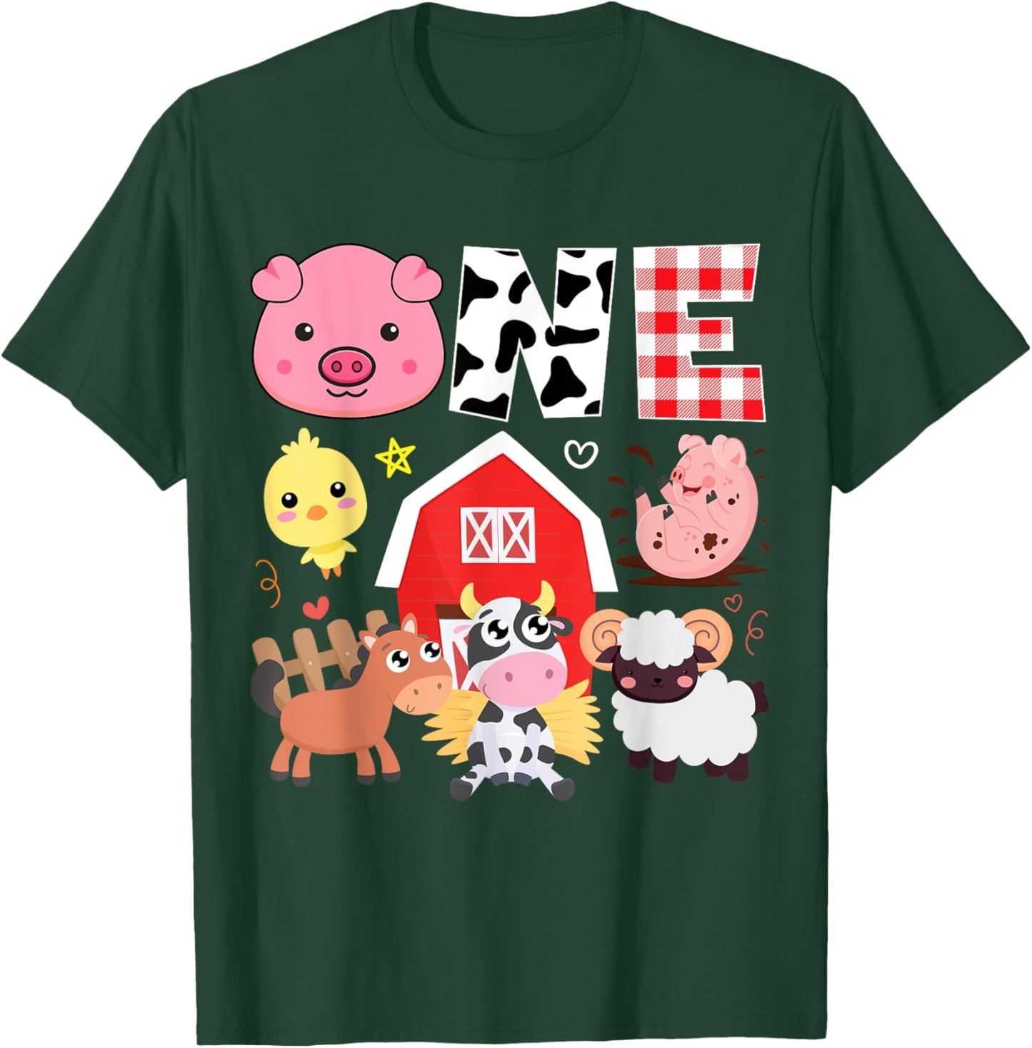 1st Birthday One Year Old Farm Theme Animals Birthday Party T-Shirt - T-Shirt | Forest