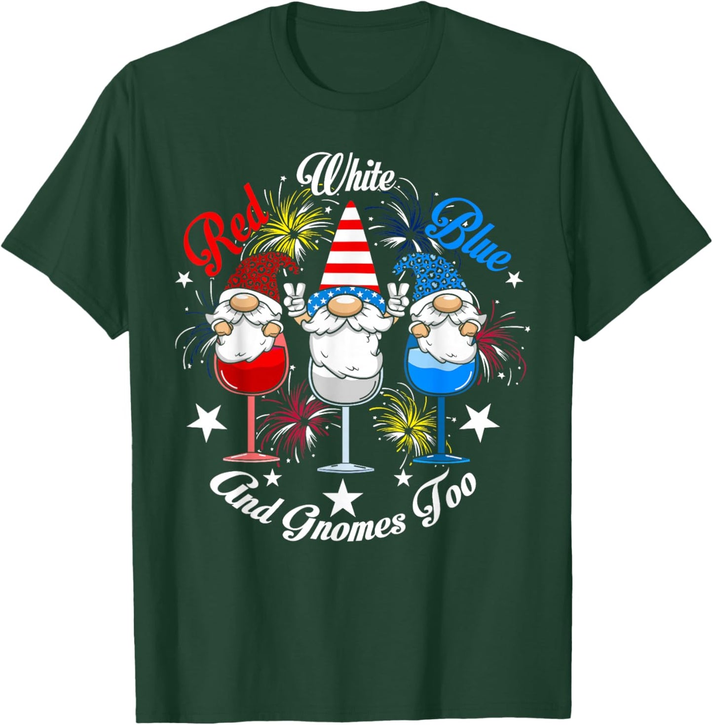 Red White Blue Gnomes Too 4th of July Wine Glass USA Flag Men T-Shirt - T-Shirt | Forest