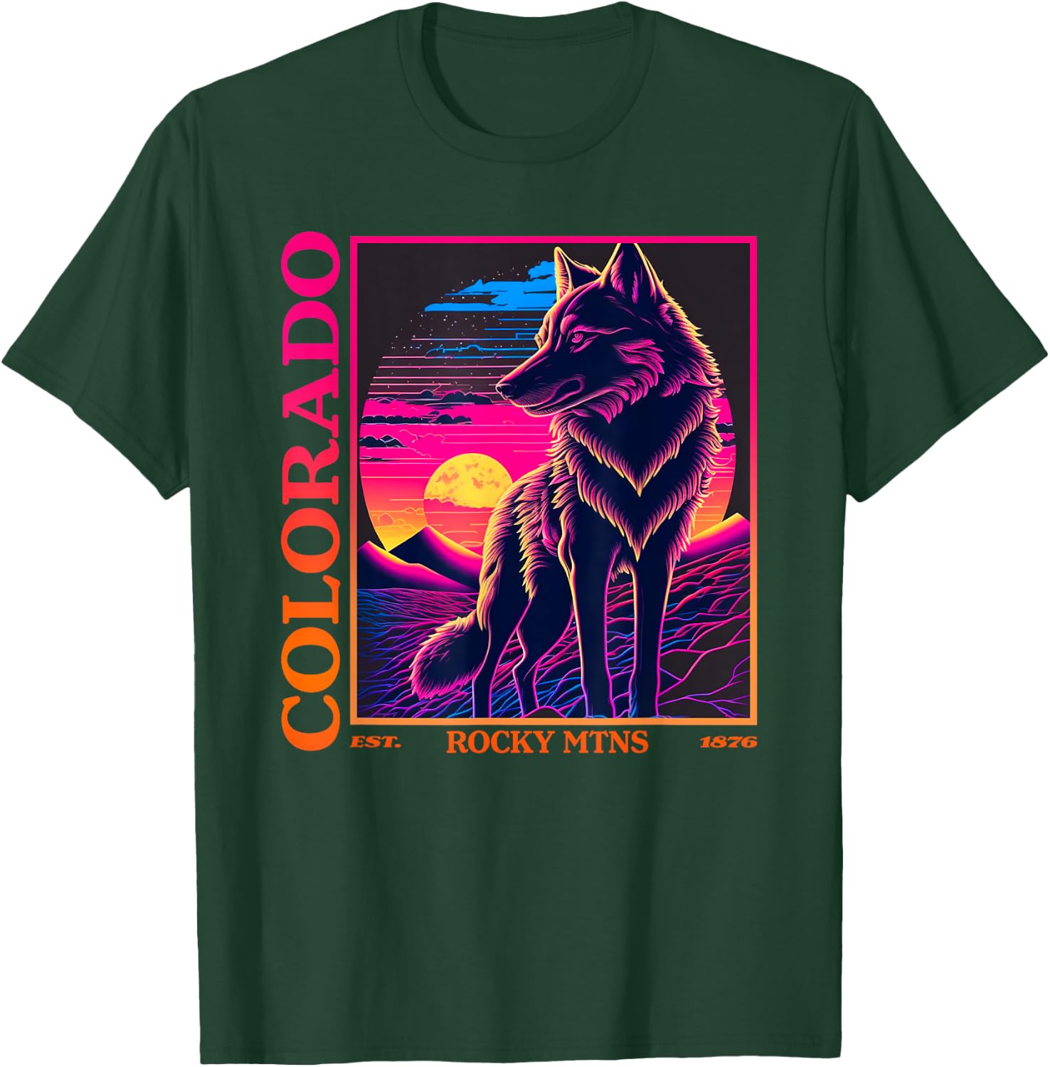 Colorado Mountain Wolf - Wolf, Moon, & Stars Retro T-Shirt - T-Shirt | Forest