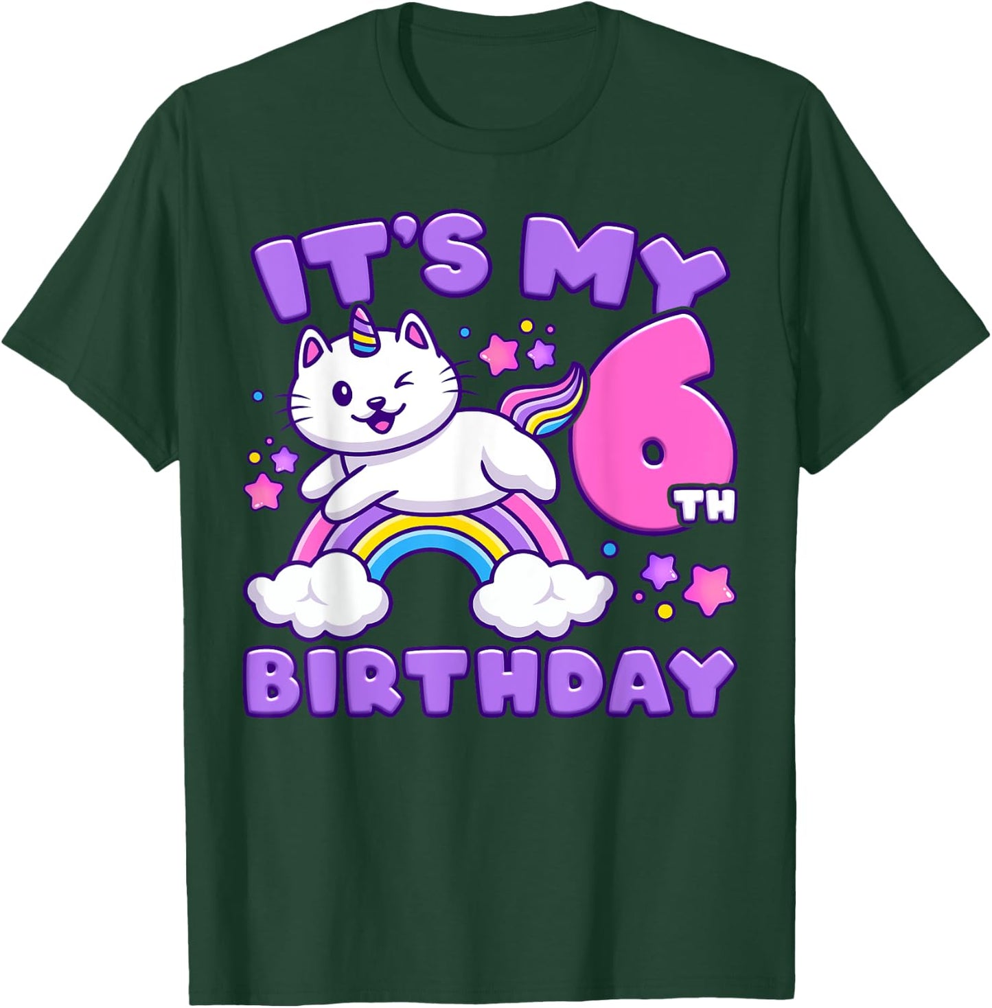 Birthday girl 6 years old, cat, unicorn, 6th birthday T-Shirt - T-Shirt | Forest