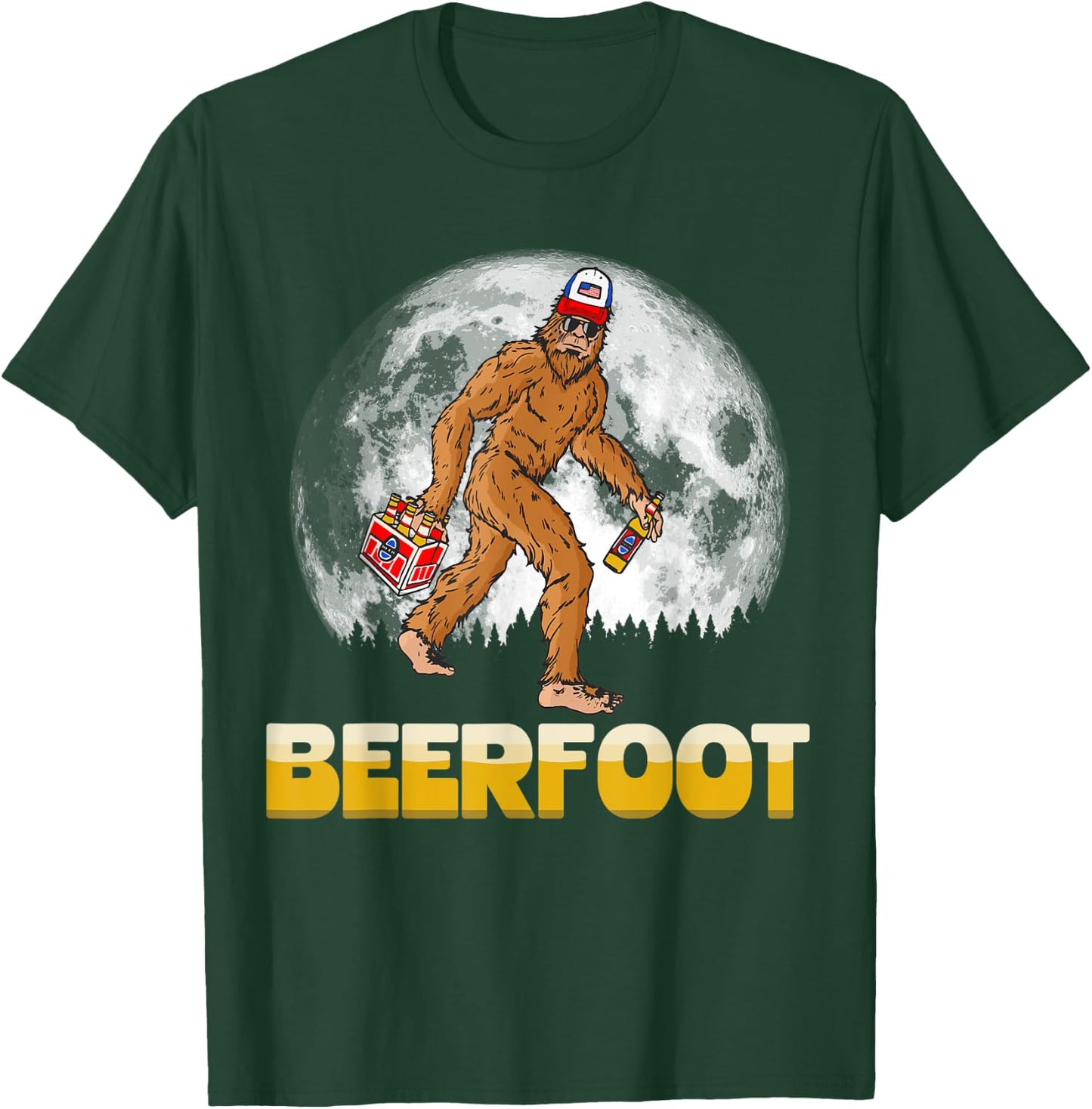 BeerFoot! Funny Hipster Sasquatch 6-Pack Full Moon Bigfoot T-Shirt - T-Shirt | Forest