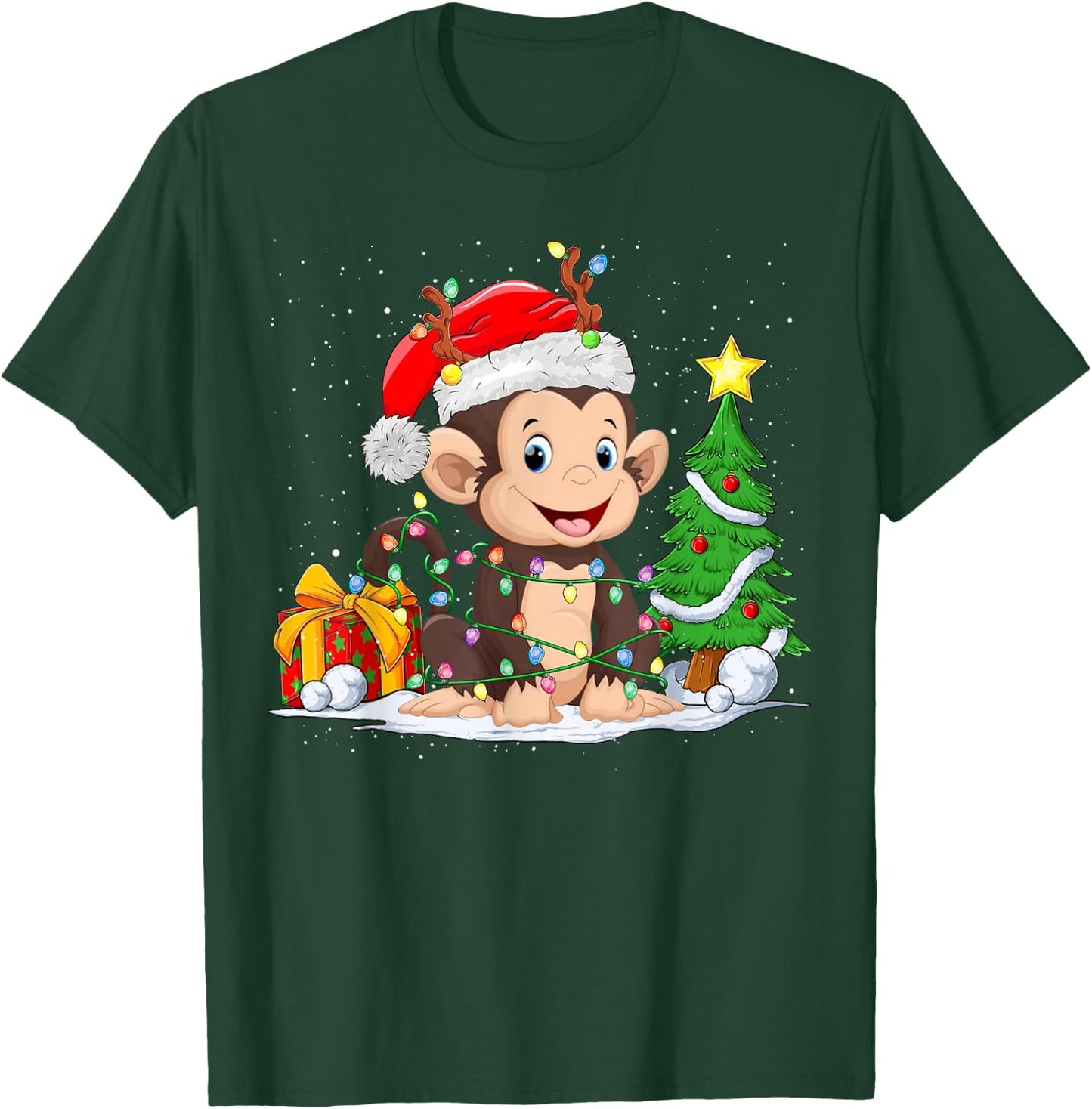 Cute Monkey Santa Christmas Tree Lights Xmas Pajama Monkey T-Shirt - T-Shirt | Forest