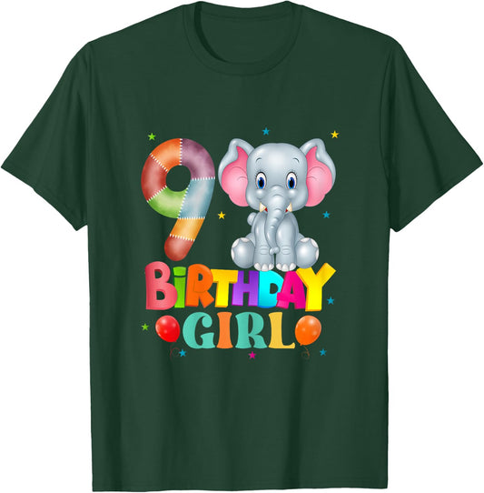 9th Birthday Elephant 9 Years Old Girls Elephant T-Shirt - T-Shirt | Forest