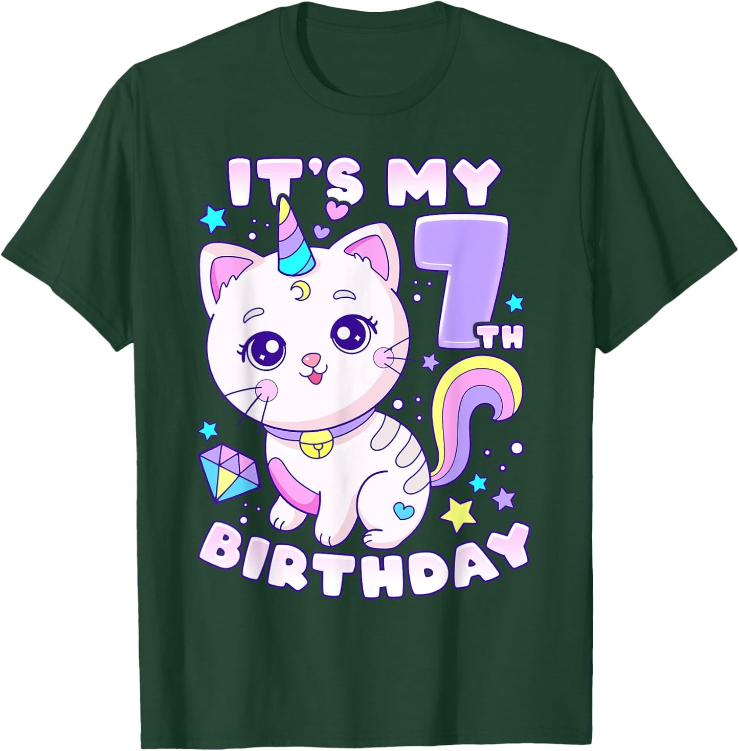 Birthday girl 7 years old, cat, unicorn, 7th birthday T-Shirt - T-Shirt | Forest