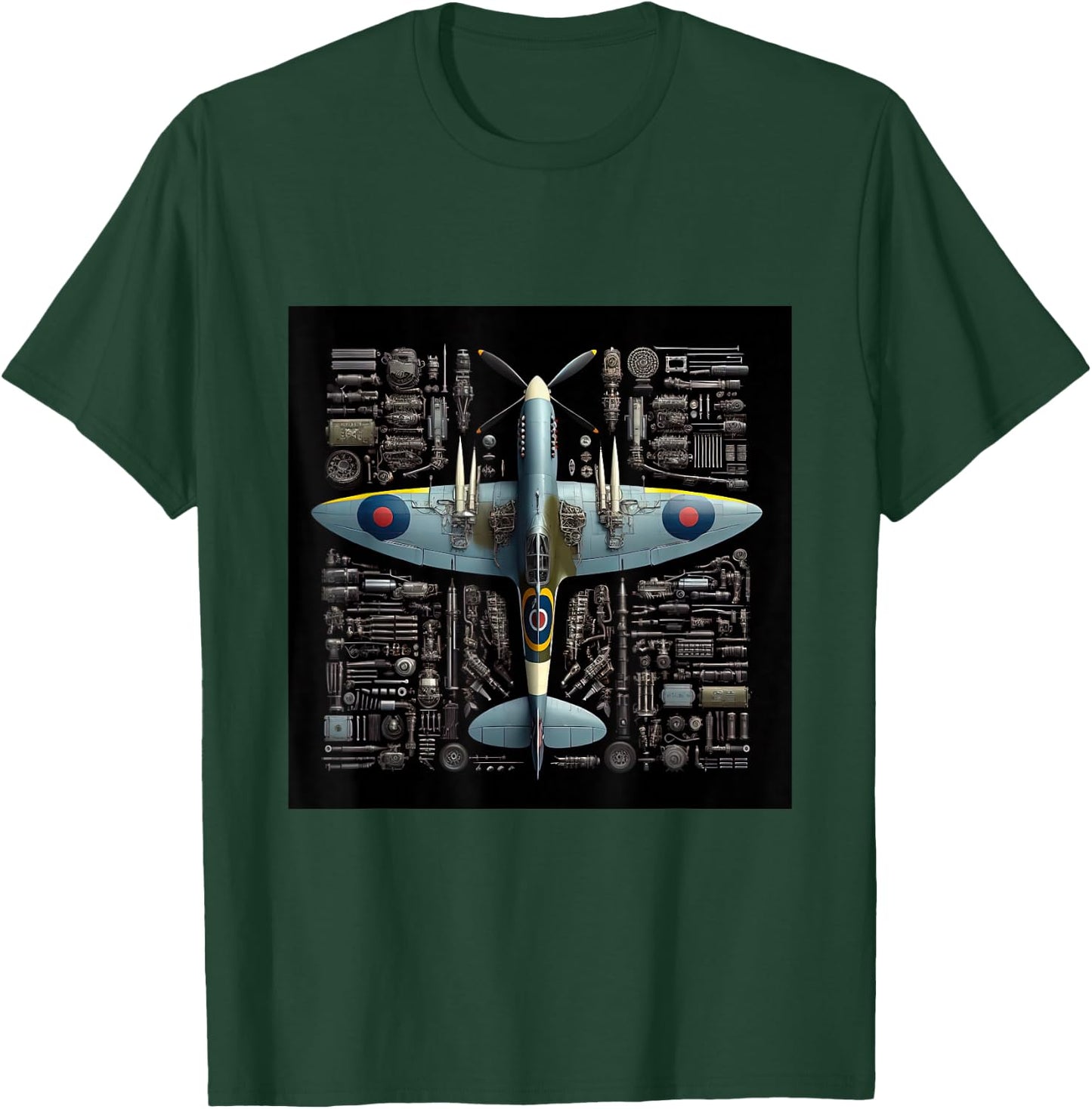 WW2 Warplane Spitfire Anatomy Assembly Parts Blueprint T-Shirt - T-Shirt | Forest