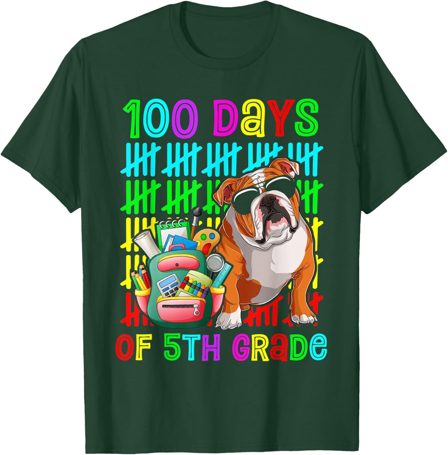 100th Day Of 5th Grade Boys Kids English Bulldog Dog Lovers T-Shirt - T-Shirt | Forest