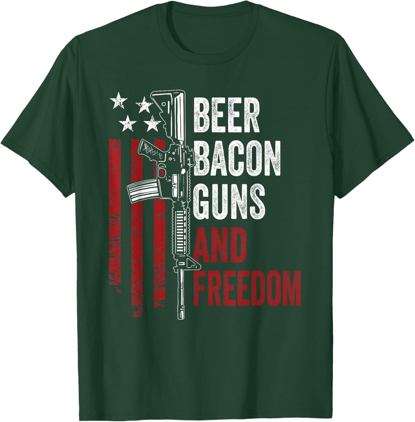 BEER BACON GUNS & FREEDOM - Funny BBQ Gun USA Flag Drinking T-Shirt - T-Shirt | Forest