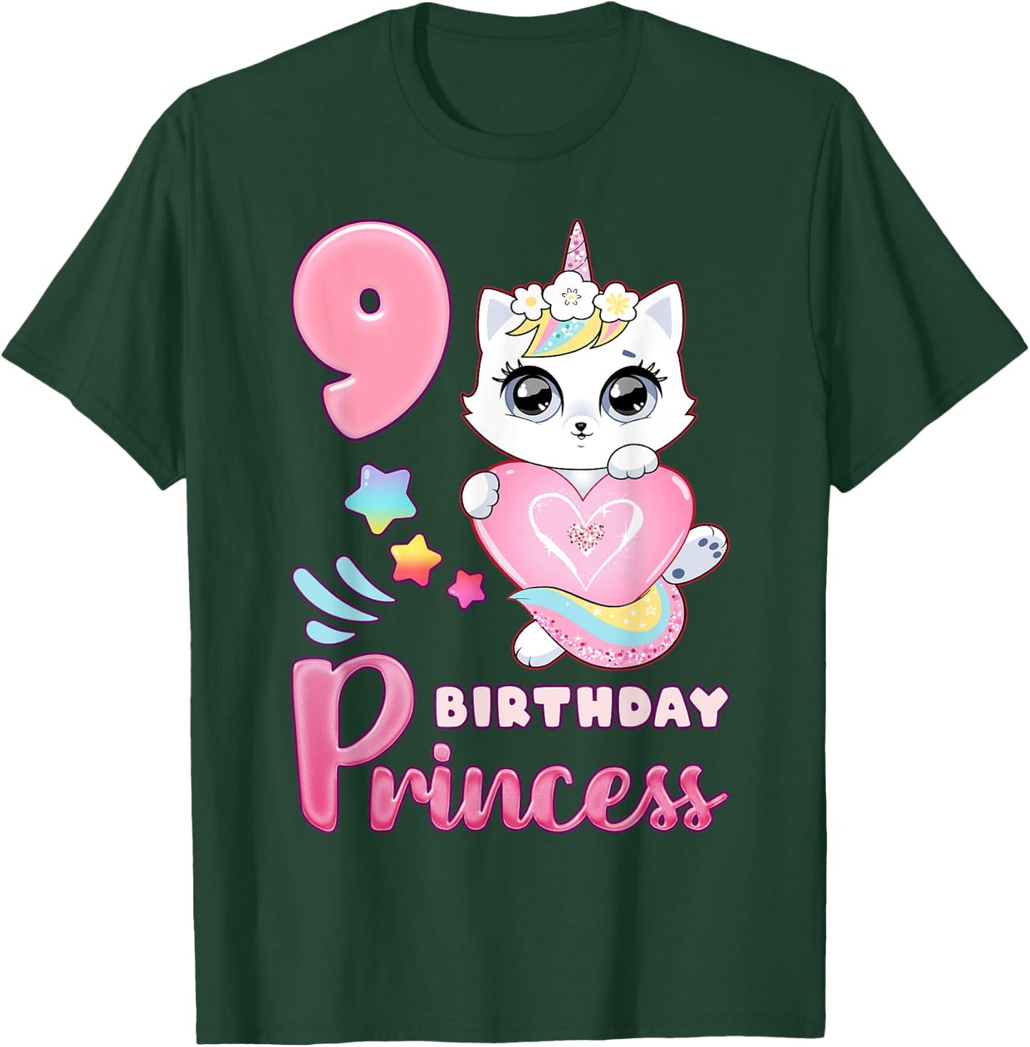 Girl, 9th birthday, unicorn cat, number 9 T-Shirt - T-Shirt | Forest