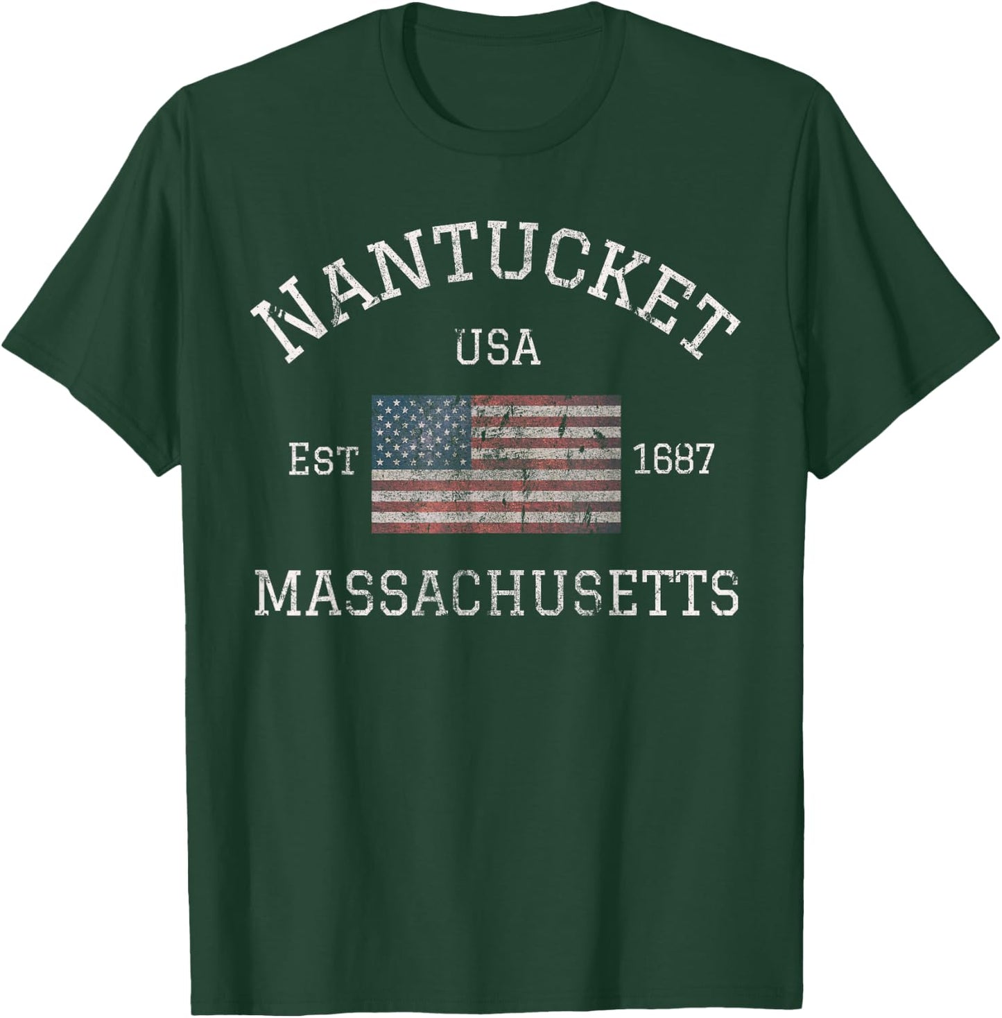 Nantucket Massachusetts American Flag USA Travel Vintage T-Shirt - T-Shirt | Forest
