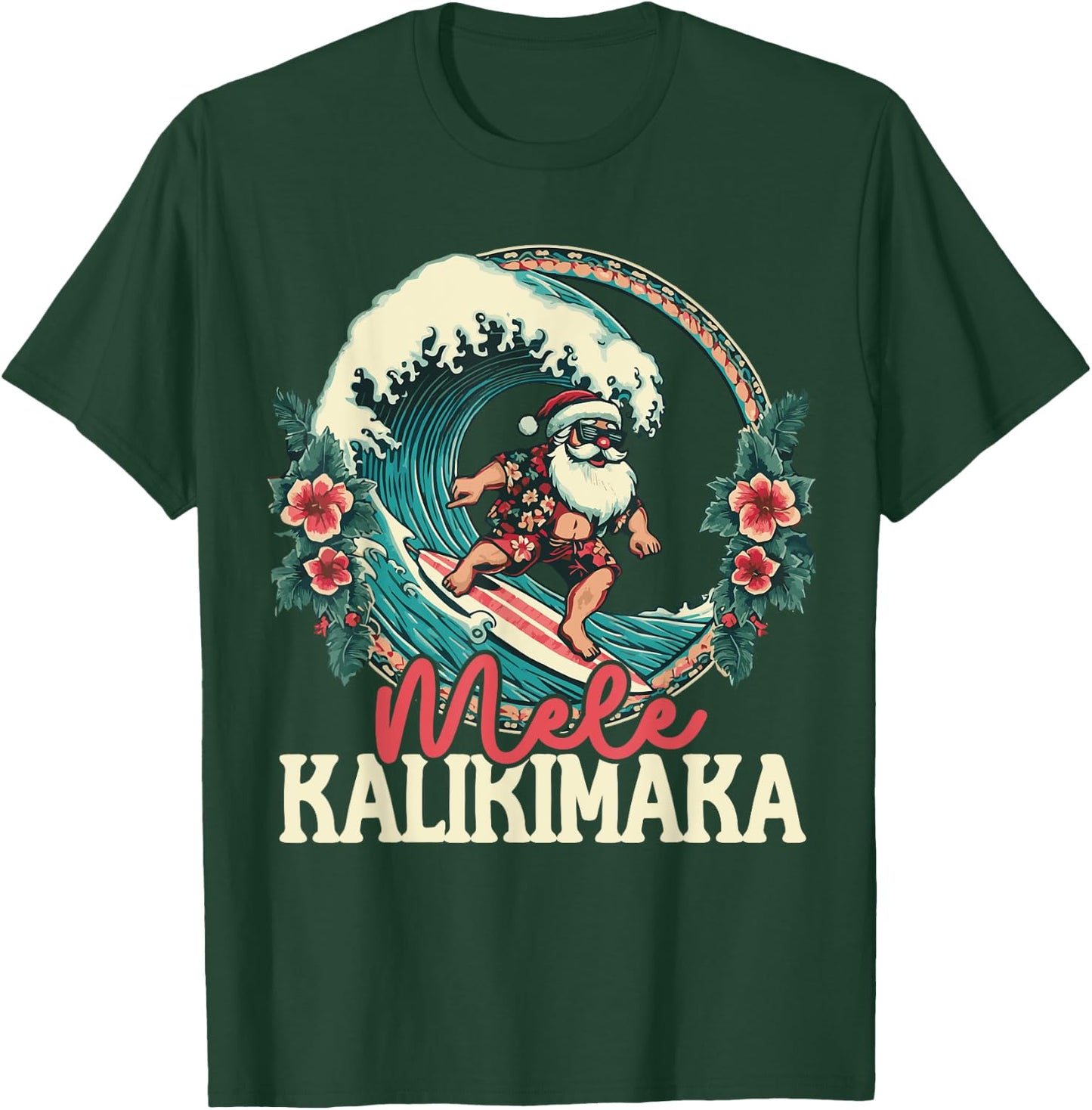 Mele Kalikimaka Santa Surfing Christmas Hawaiian Shaka Wave T-Shirt - T-Shirt | Forest