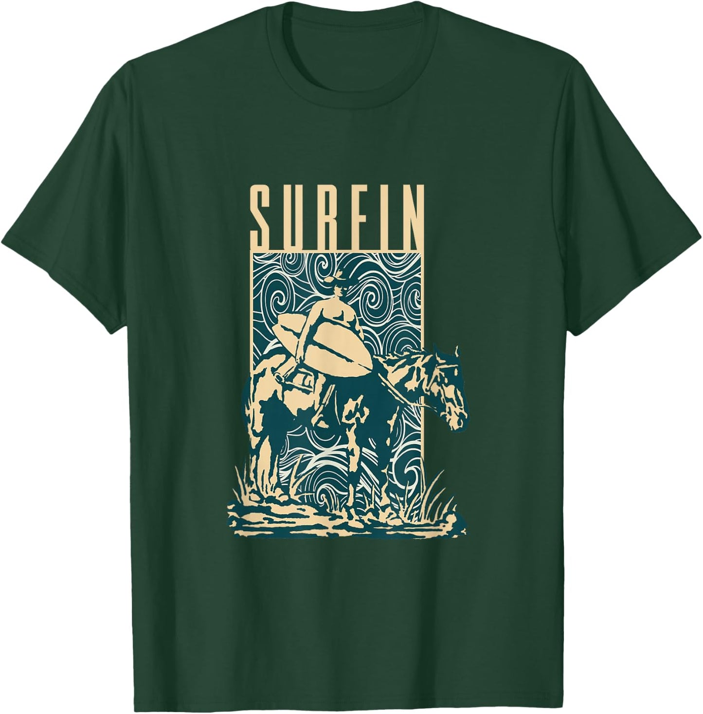 Surfin | Cowboy Cowboy With Surfboard | Surfing Surfer T-Shirt - T-Shirt | Forest
