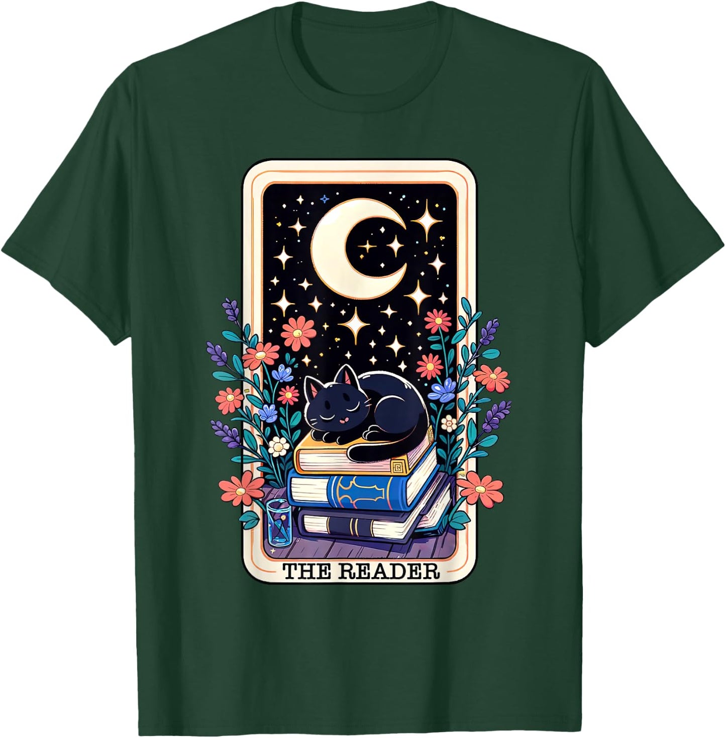 The Reader Tarot Card Cute Cat On Books Stack Book Lover Men Women T-Shirt - T-Shirt | Forest