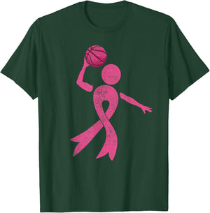 Retro Basketball Pink Ribbon Breast Cancer Awareness Sport T-Shirt - T-Shirt | Forest