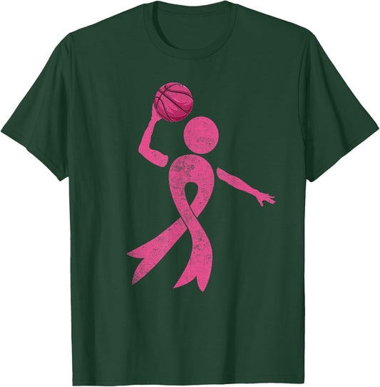 Retro Basketball Pink Ribbon Breast Cancer Awareness Sport T-Shirt - T-Shirt | Forest