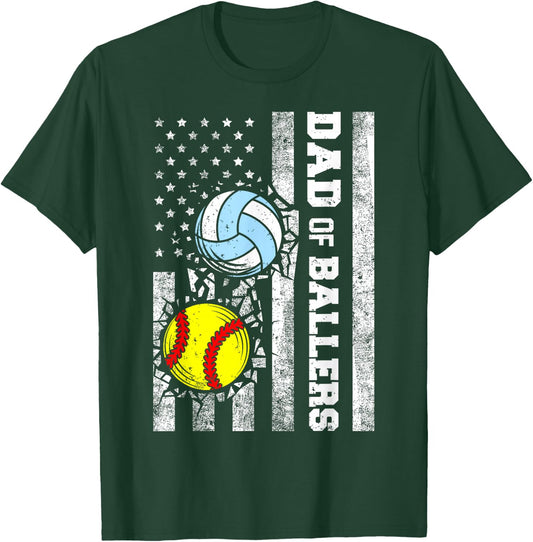 Dad of Ballers Funny USA Flag Softball Volleyball Dad T-Shirt - T-Shirt | Forest
