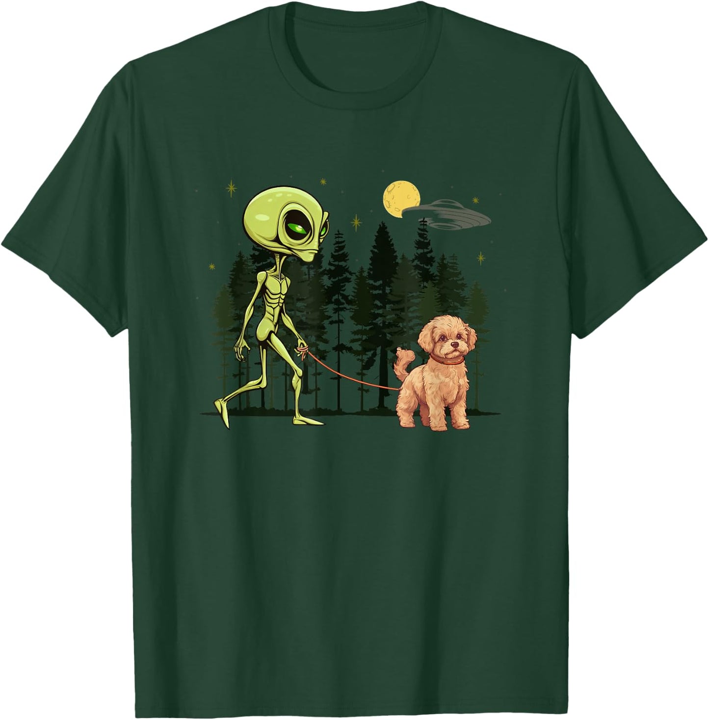 Funny Maltipoo Alien Walking UFO Pet Dog Mom Dad Women Kids T-Shirt - T-Shirt | Forest