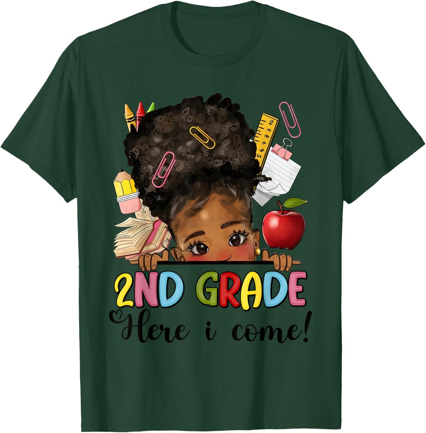 Second Grade Here I come Afro Girl Messy Bun Back to school T-Shirt - T-Shirt | Forest