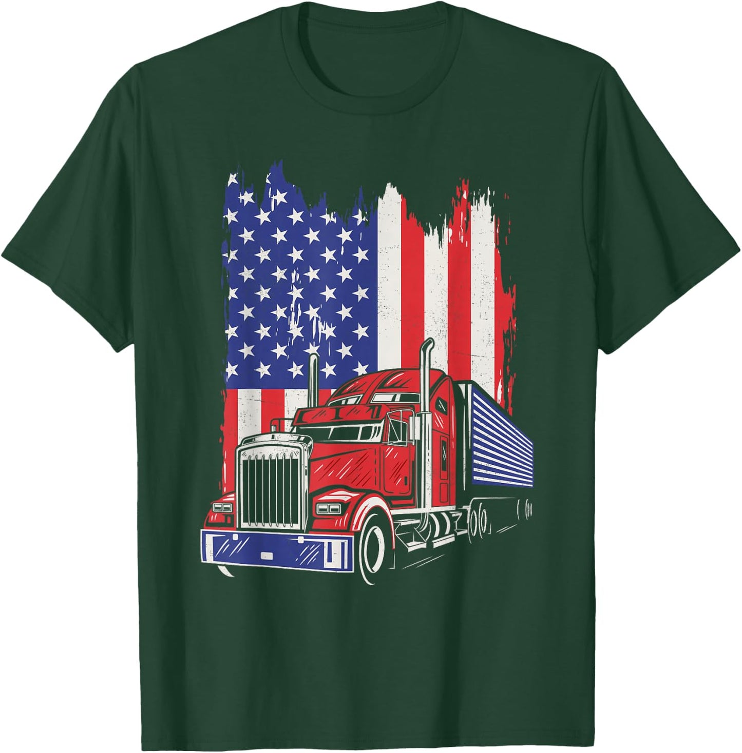 Trucker American Flag Truck Driver 18 Wheeler 4th of July T-Shirt - T-Shirt | Forest