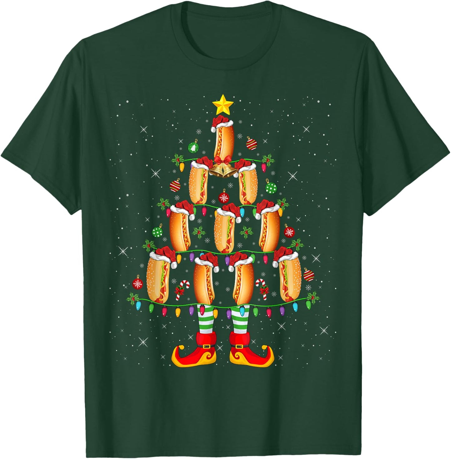 Hot Dog Lover Xmas Holiday Lighting Hot Dog Christmas Tree Women Kids T-Shirt - T-Shirt | Forest