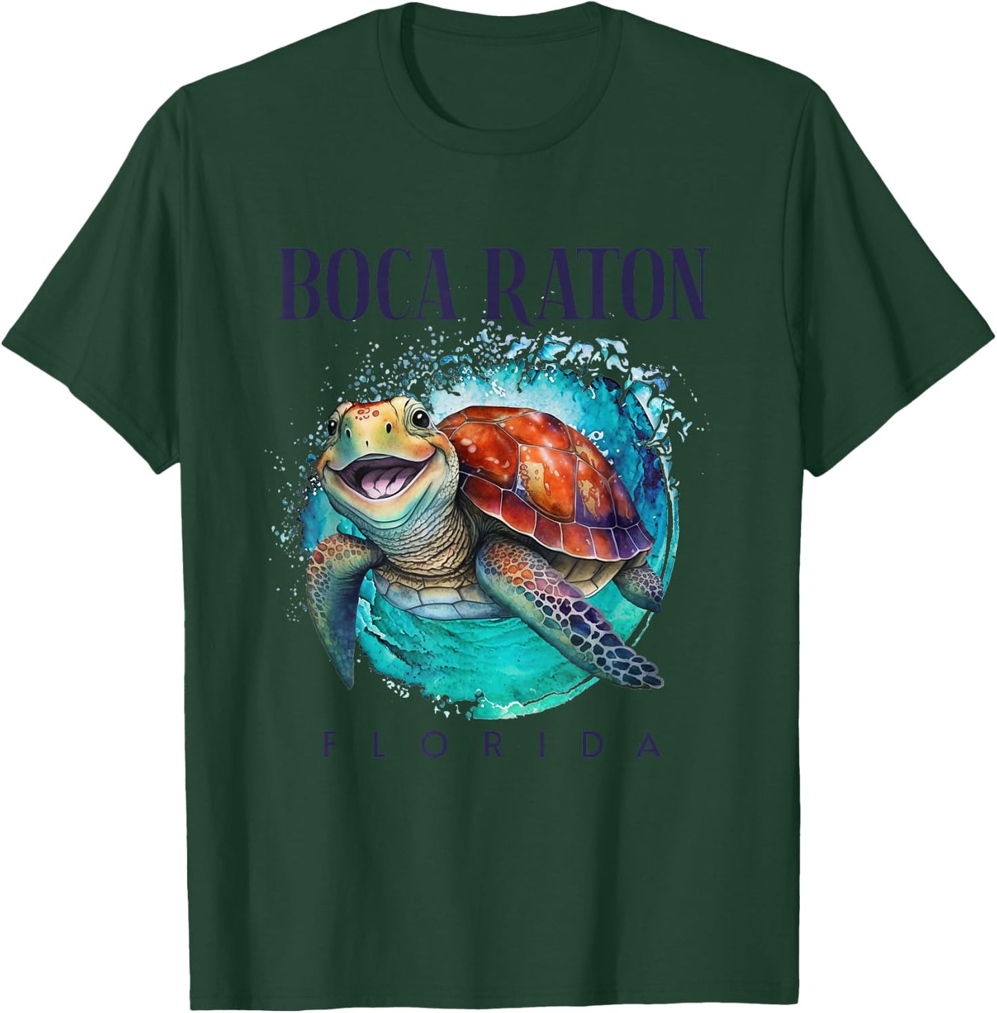 Boca Raton Florida Watercolor Happy Sea Turtle T-Shirt - T-Shirt | Forest