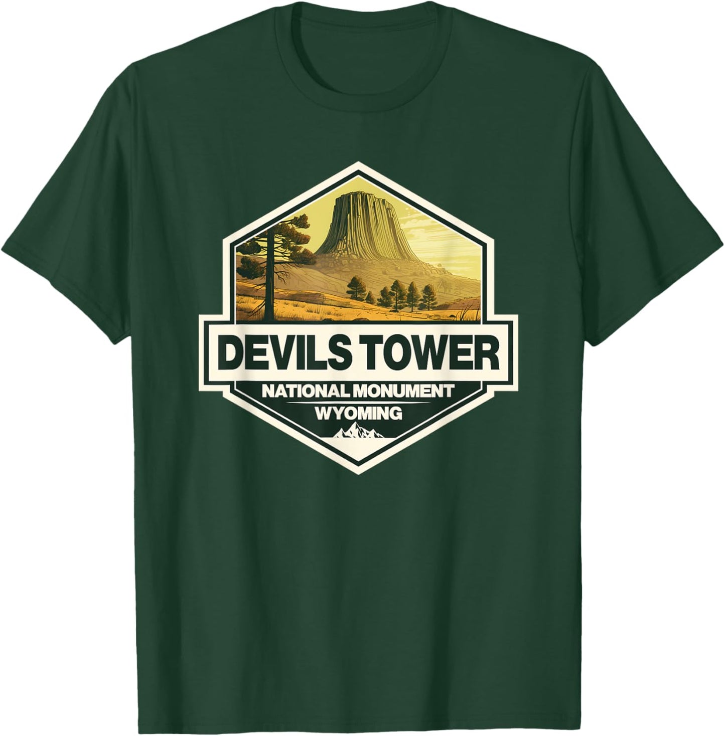 Devils Tower National Monument Wyoming Travel Art Badge T-Shirt - T-Shirt | Forest