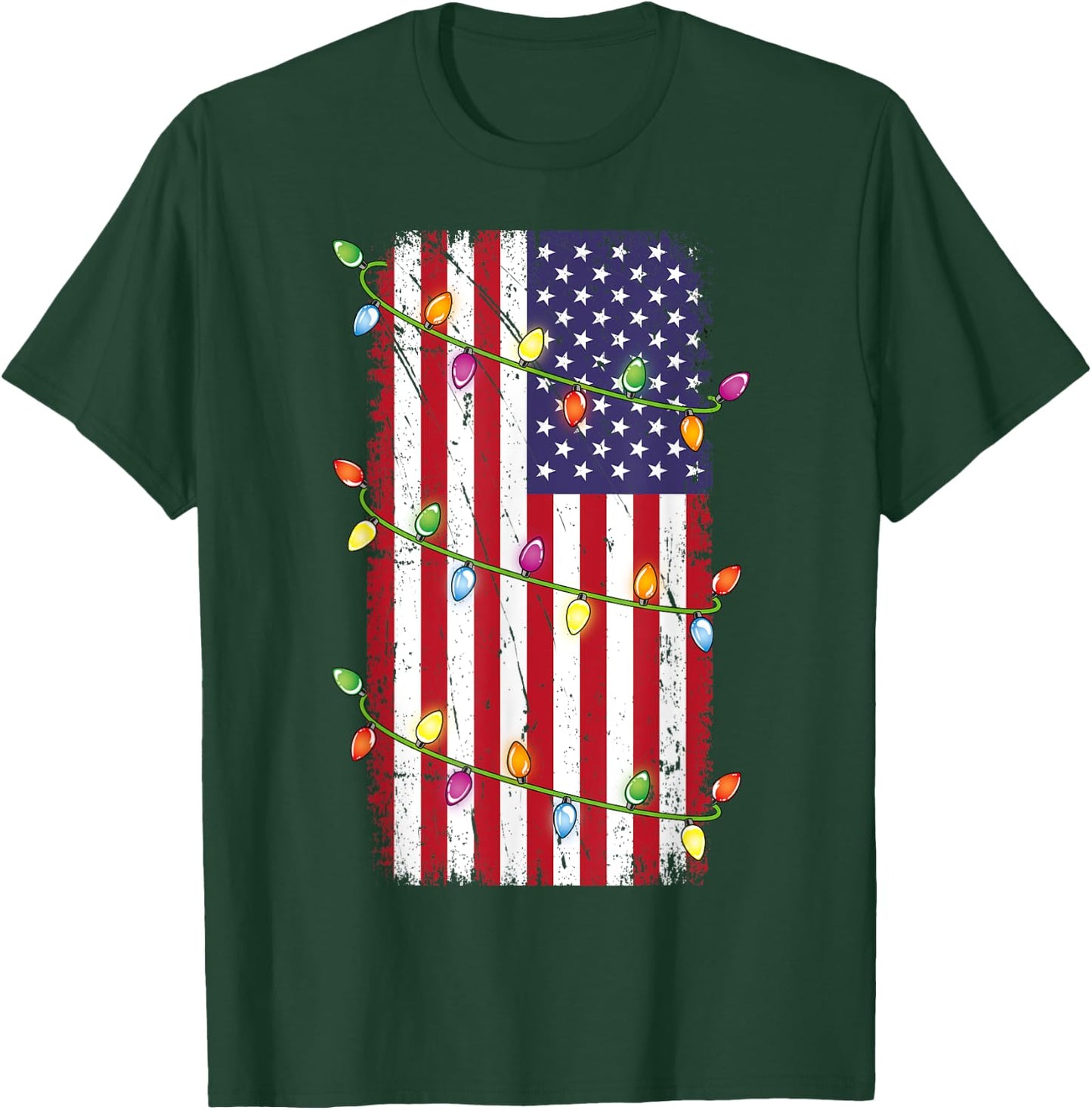 Christmas Lights USA Flag Shirt Patriotic Veteran Christmas T-Shirt - T-Shirt | Forest