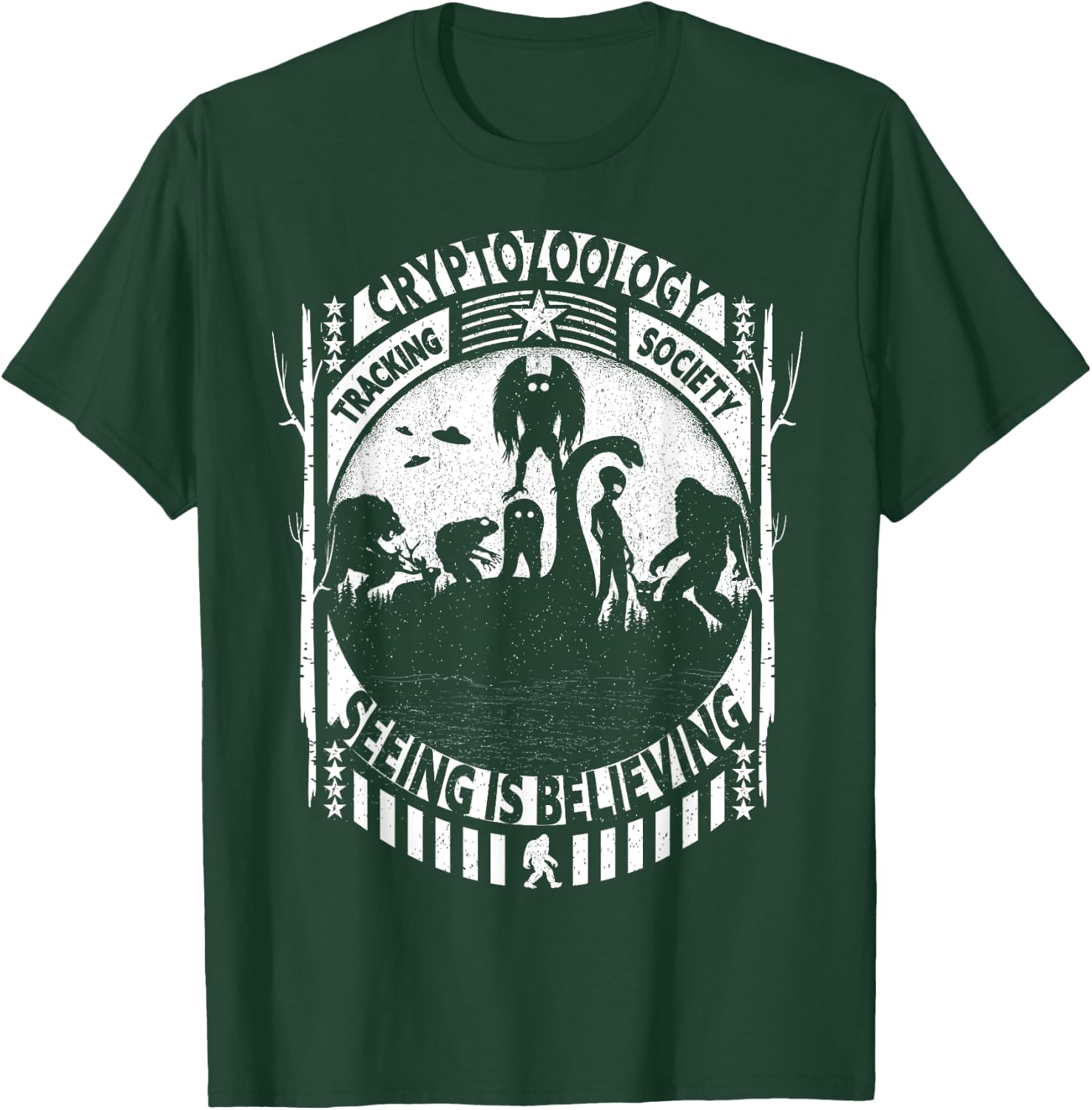 Cryptozoology Team Bigfoot Nessie Mothman And Aliens Cryptid T-Shirt - T-Shirt | Forest