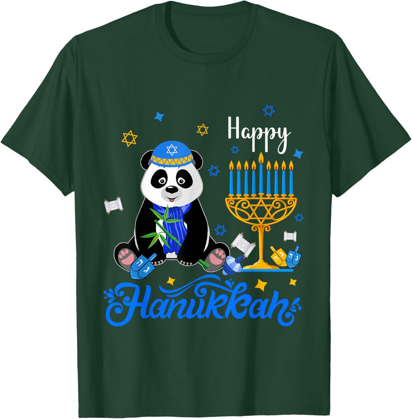 Happy Hanukkah Panda Wearing Jewish Hat Menorah Dreidel T-Shirt - T-Shirt | Forest