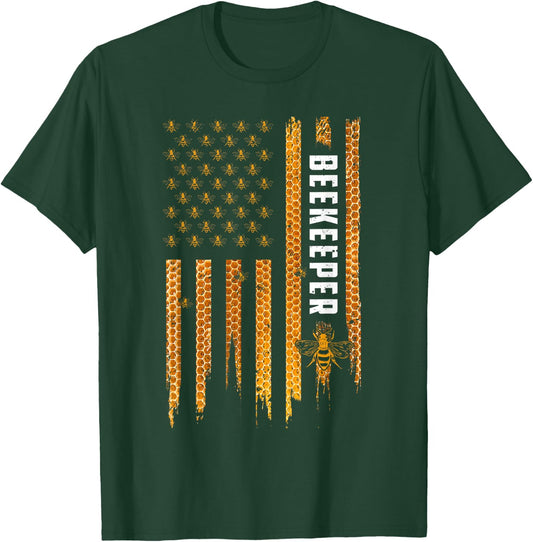 Beekeeping American Flag Honeycomb Honey Bees Beekeeper T-Shirt - T-Shirt | Forest