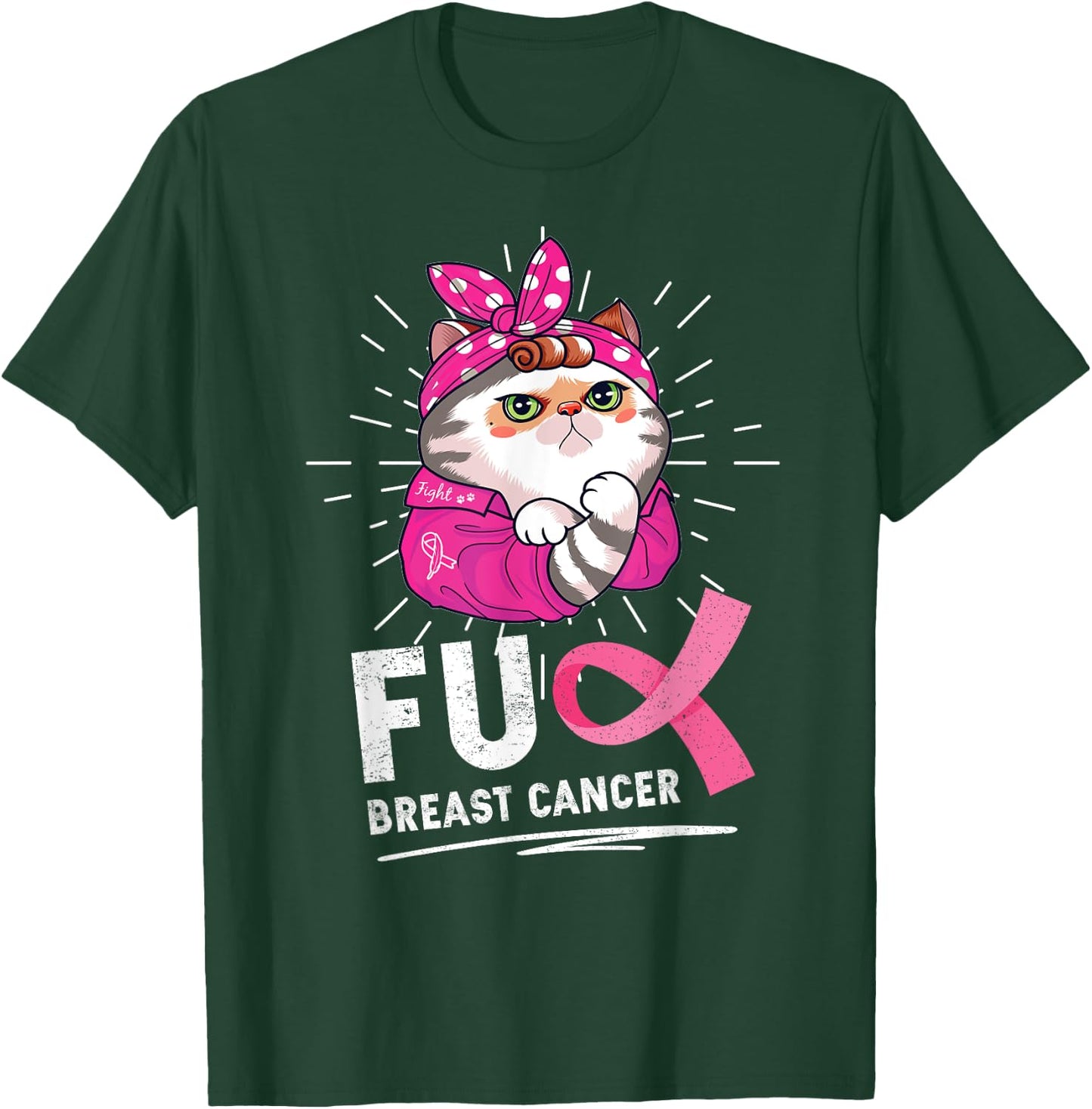 Funny Cat Warrior Fuck Cancer Breast Cancer Awareness Women T-Shirt - T-Shirt | Forest