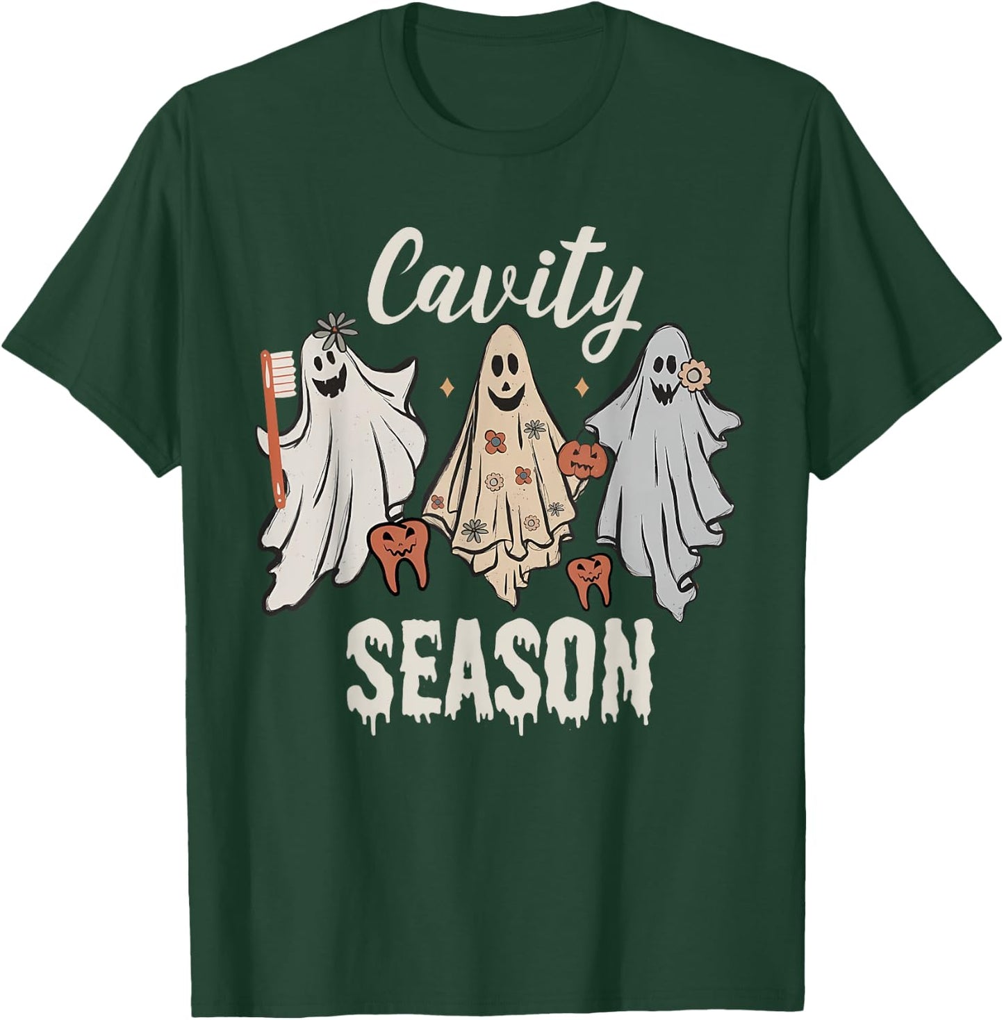 Cavity Season Halloween Funny Dental Ghosts And Toothbrush T-Shirt - T-Shirt | Forest