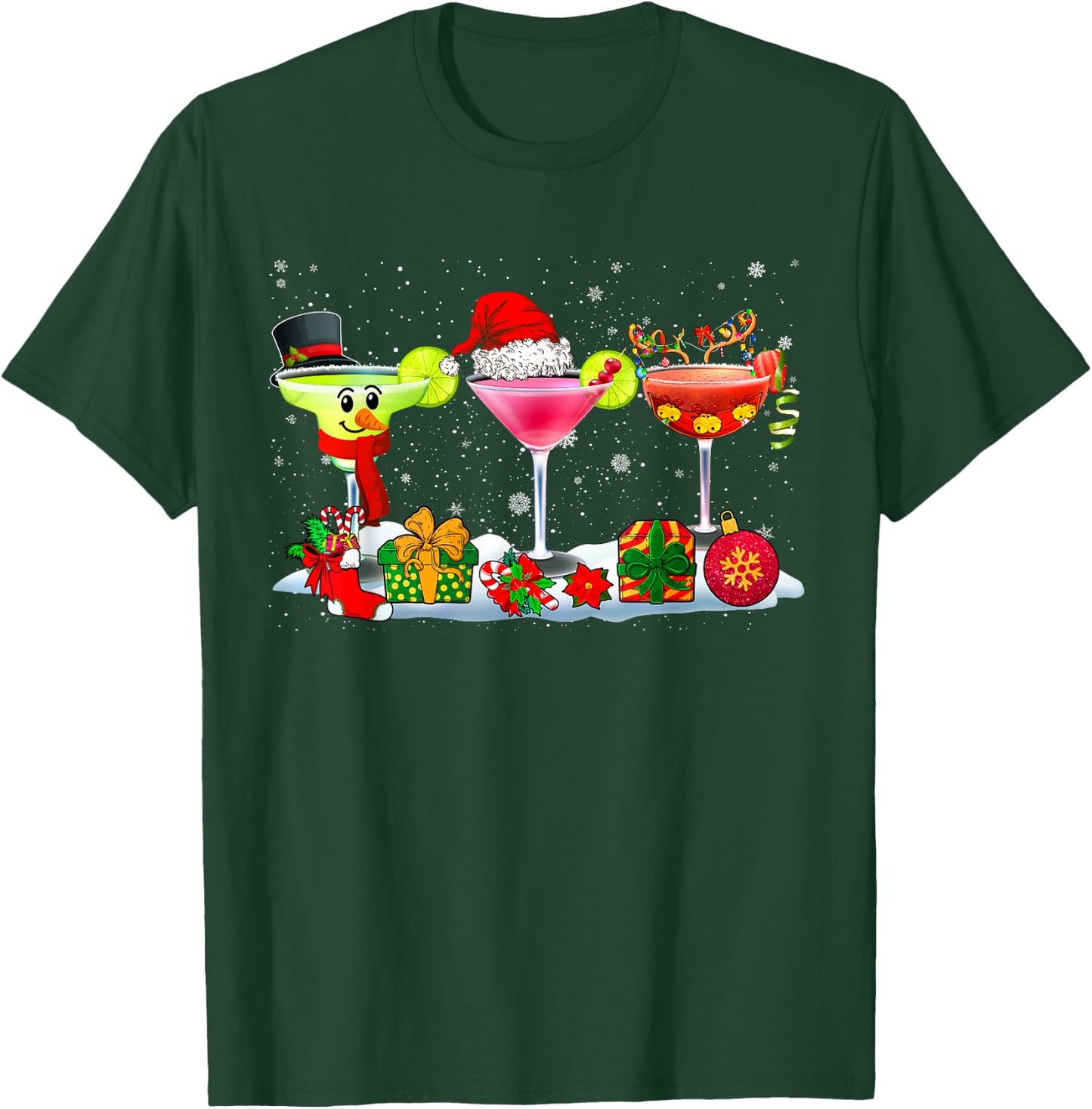 Three Santa Reindeer Snowman Glasses Of Cocktail Funny Xmas T-Shirt - T-Shirt | Forest