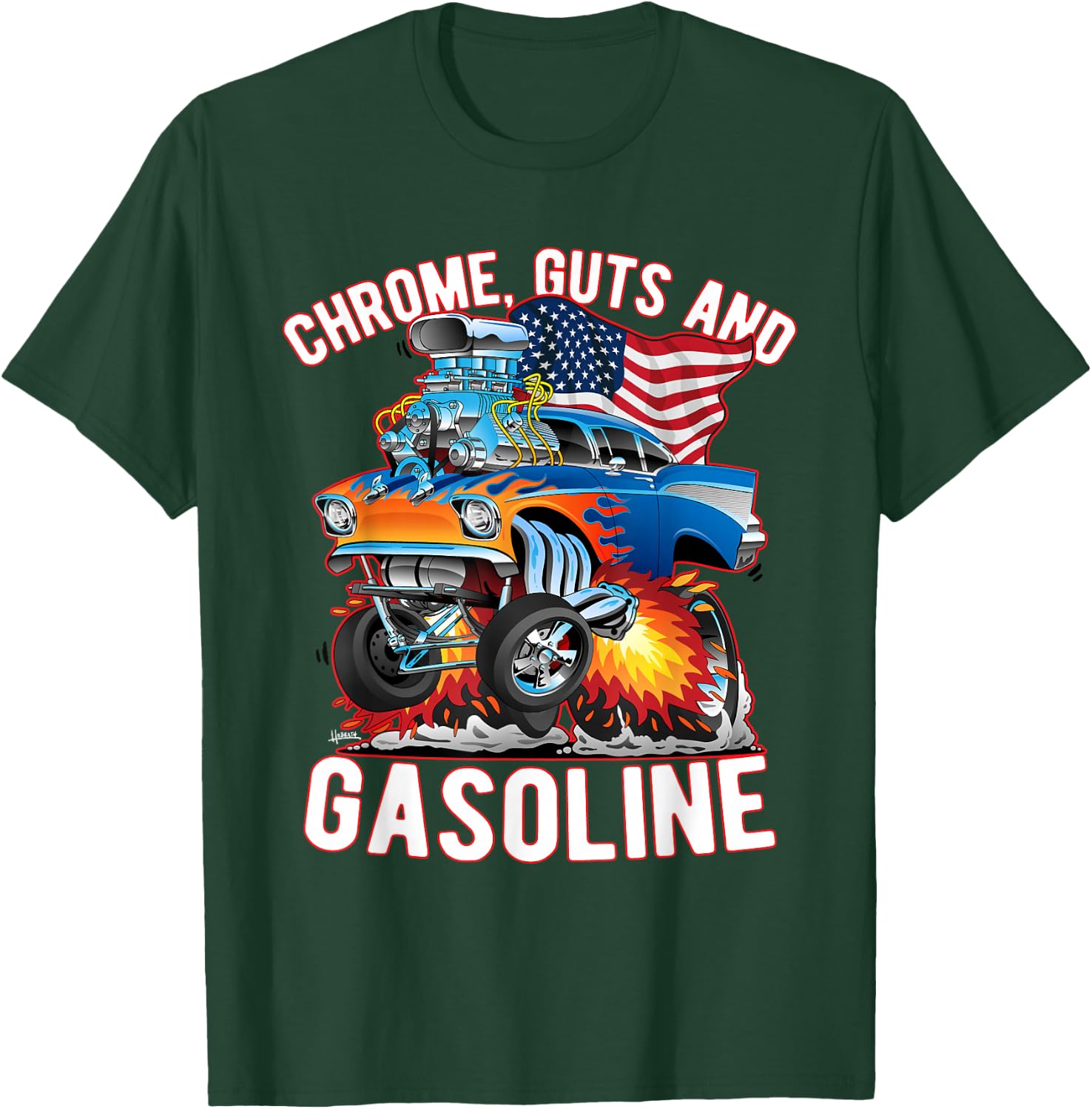 Jeff Hobrath Funny Chrome Guts and Gasoline Hotrod Car Cartoon Design - -Adults/Kids, Black, Short Sleeve, Small T-Shirt - T-Shirt | Forest
