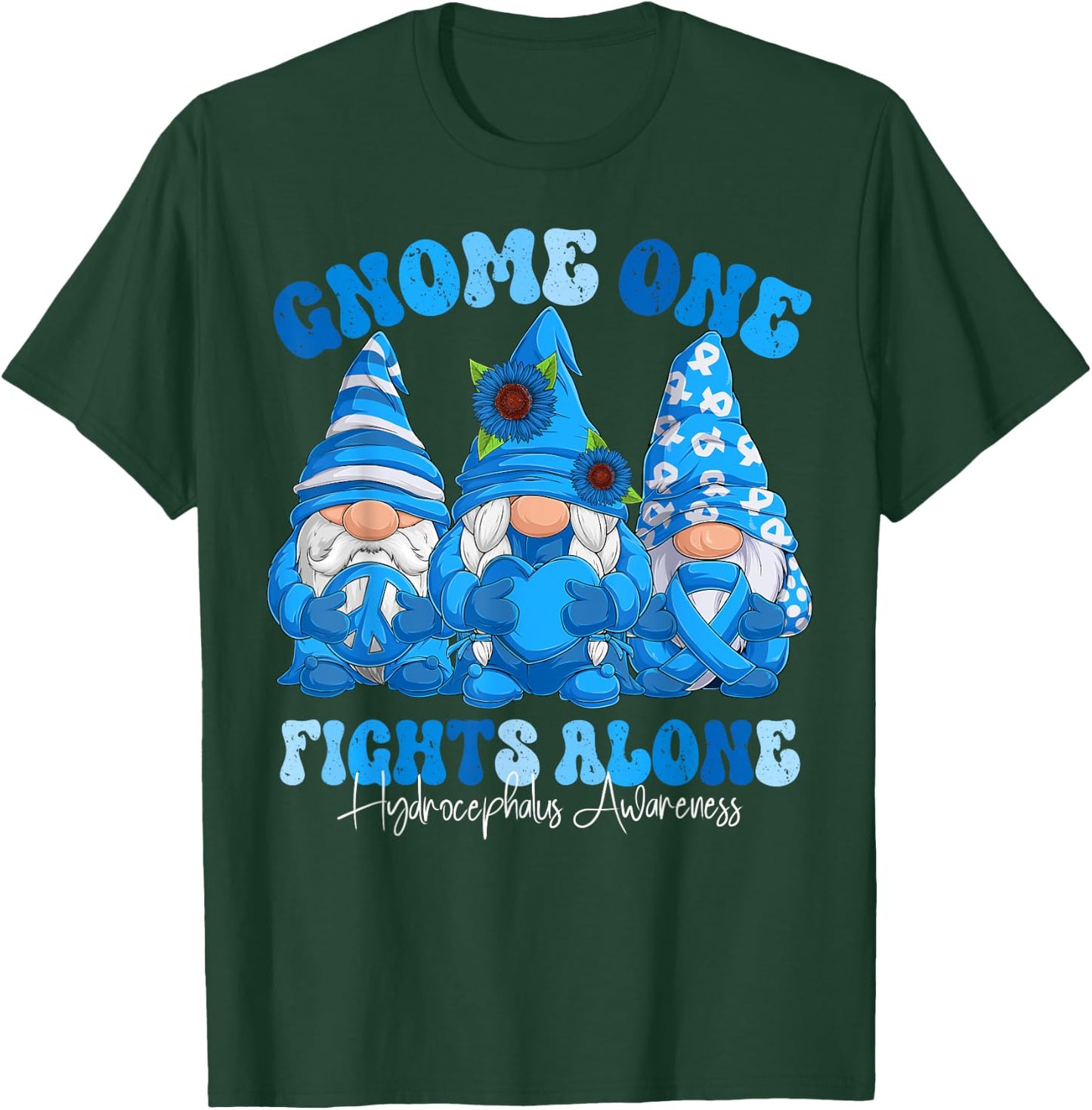 Hydrocephalus Awareness Month Blue Ribbon Gnomies T-Shirt - T-Shirt | Forest
