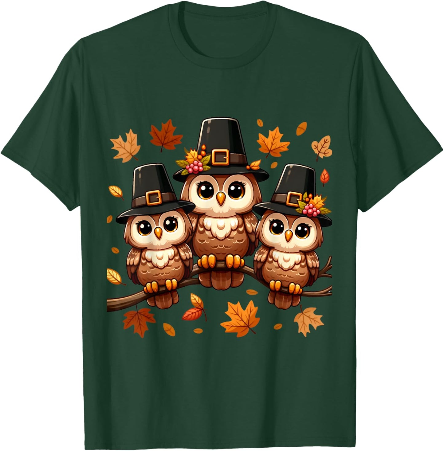 Pilgrim Owls on Autumn Perch Thanksgiving T-Shirt - T-Shirt | Forest