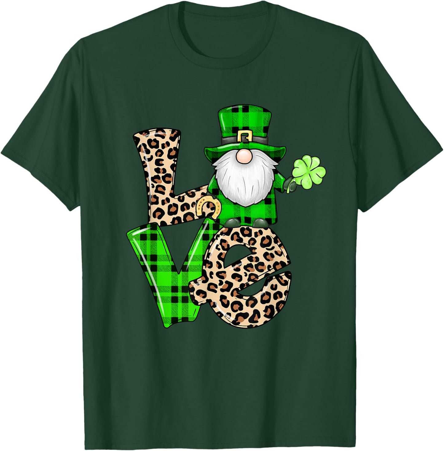 Leopard Shamrock Gnome Leprechaun LOVE St. Patricks Day T-Shirt - T-Shirt | Forest