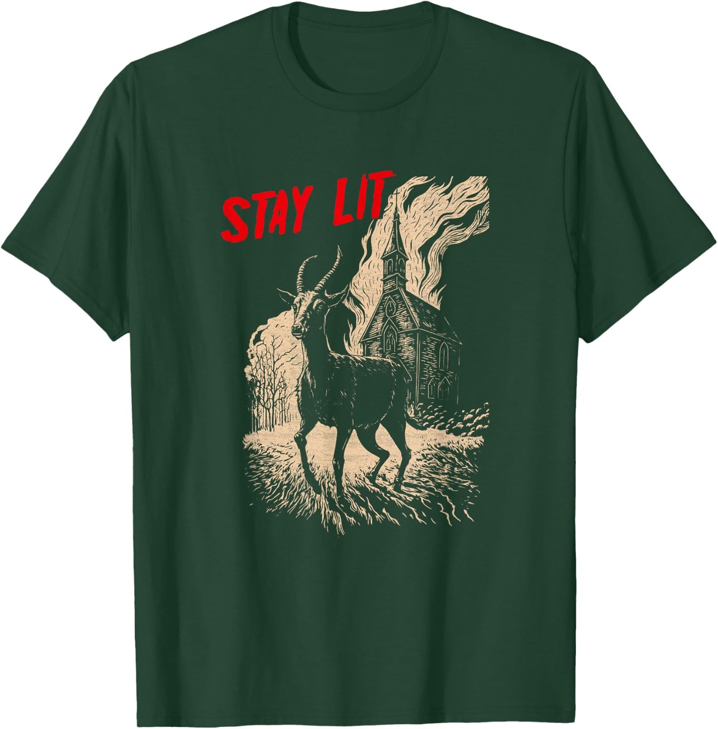 Occult Atheist Black Phillip Burning Church Stay Lit Satan T-Shirt - T-Shirt | Forest