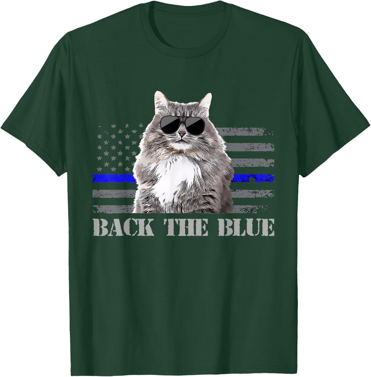 Back the Blue Police Cat Thin Blue Line American Flag Kids Men T-Shirt - T-Shirt | Forest