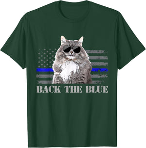 Back the Blue Police Cat Thin Blue Line American Flag Kids Men T-Shirt - T-Shirt | Forest