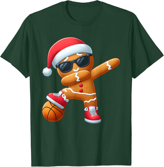 Christmas Dabbing Gingerbread Santa Hat Basketball Pajama T-Shirt - T-Shirt | Forest