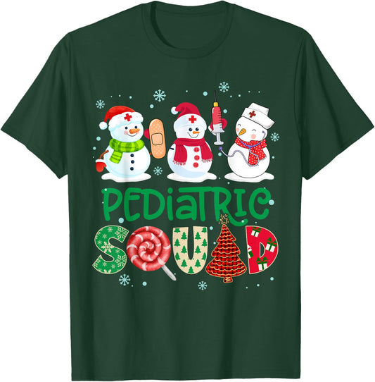 Pediatric Squad Nurse Snowmies Stethoscope Christmas Pine T-Shirt - T-Shirt | Forest