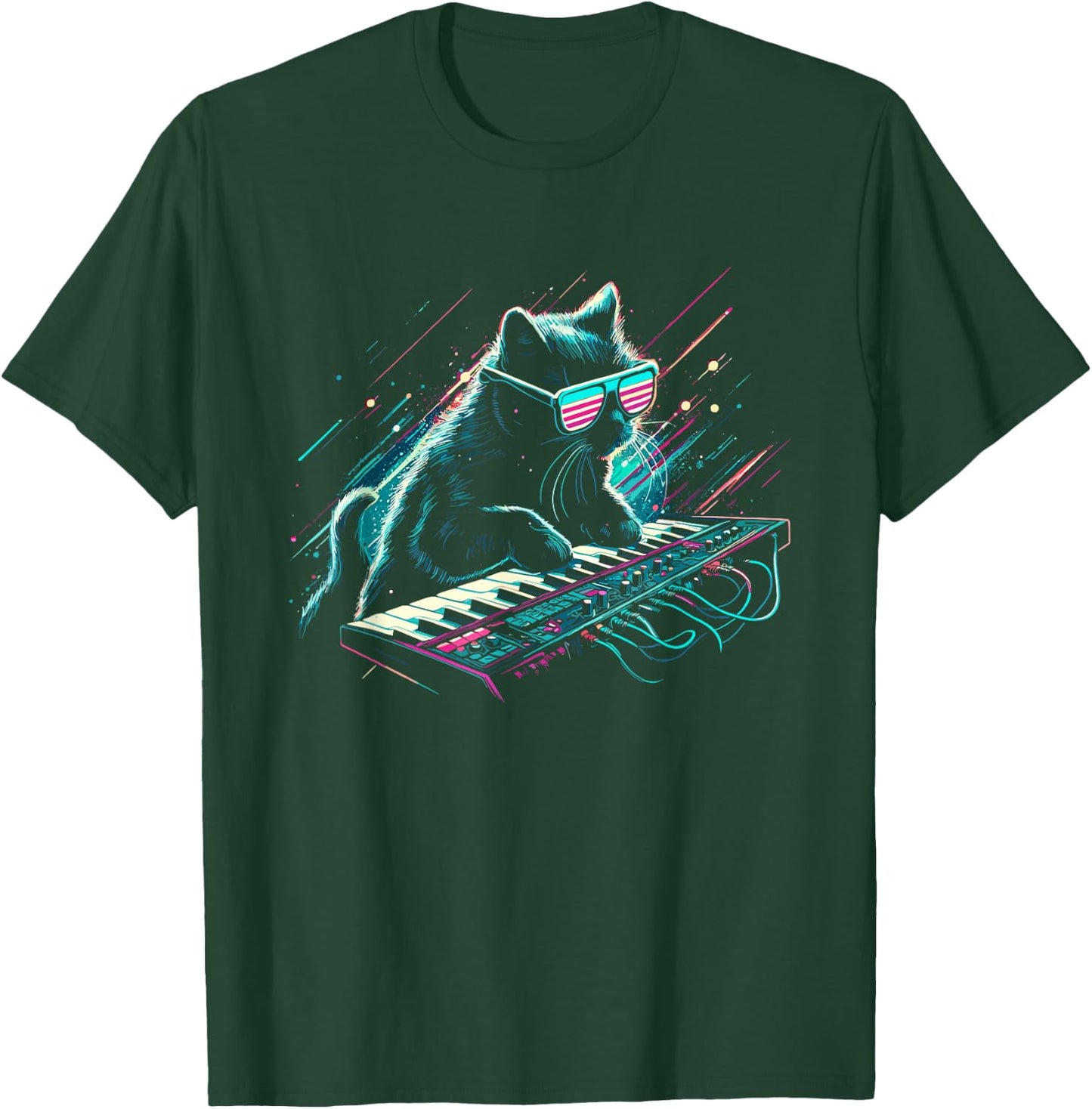 DJ Cat With Synthesizer - Funny Vintage 80s 90s Disco Cat T-Shirt - T-Shirt | Forest